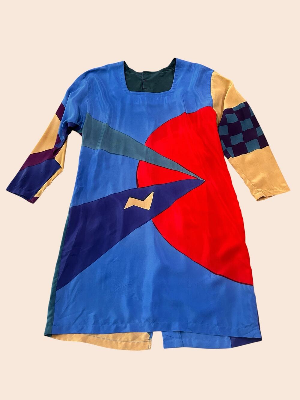 Vintage Silk Slip Dress Medium Abstract Colorblock Wearable Art Made USA -